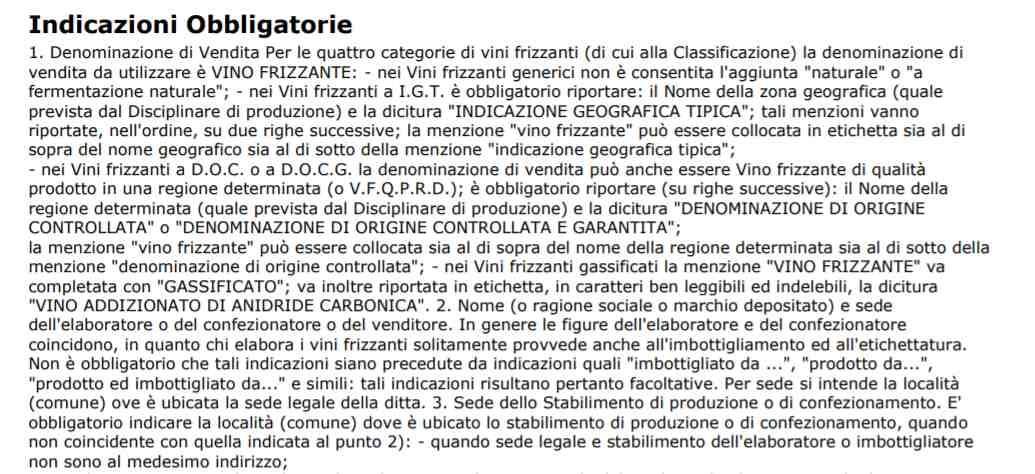 Indicazioni sull'etichetta dei vini frizzanti